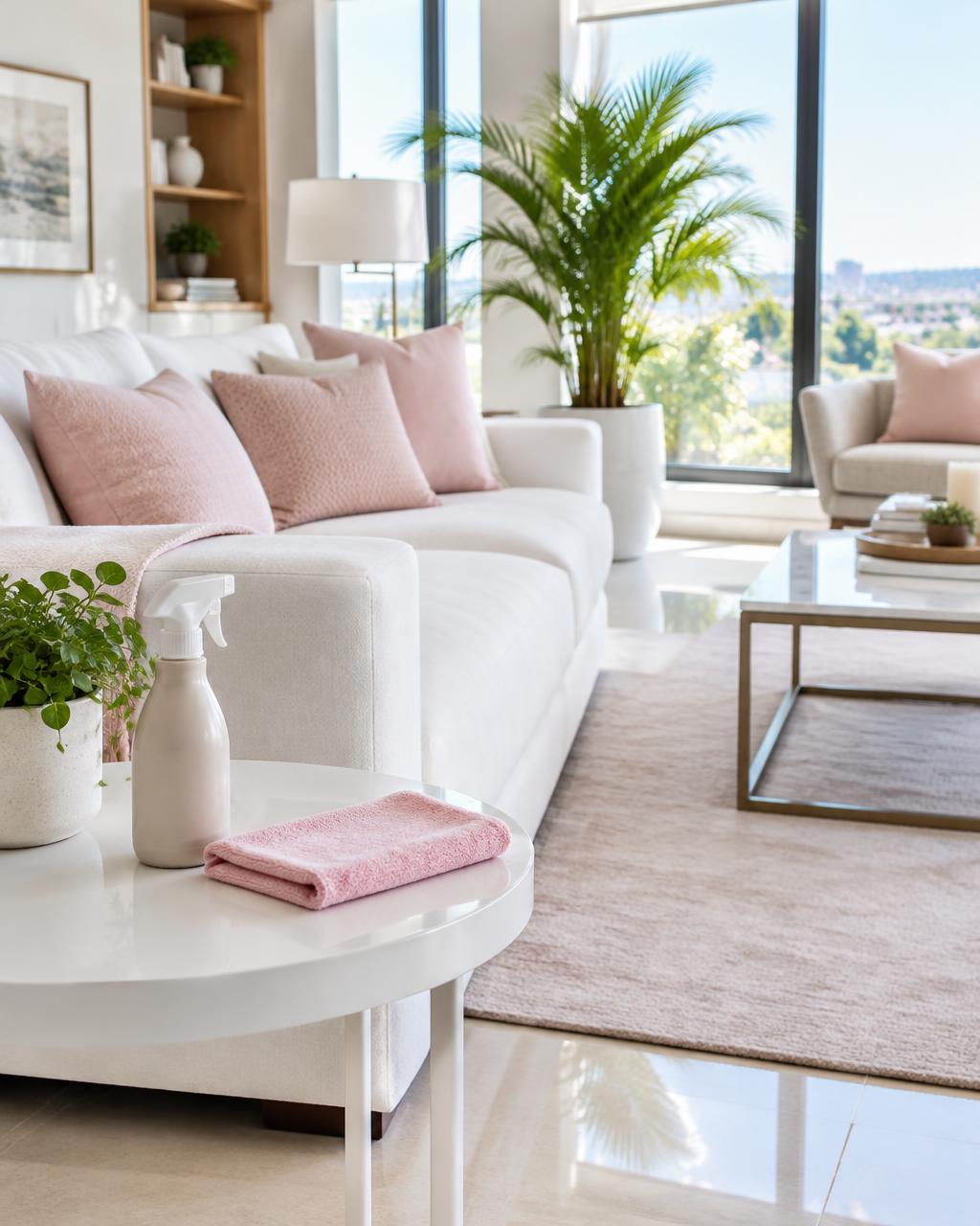 Illustrative spotless living room with blush cushions and neatly arranged cleaning supplies